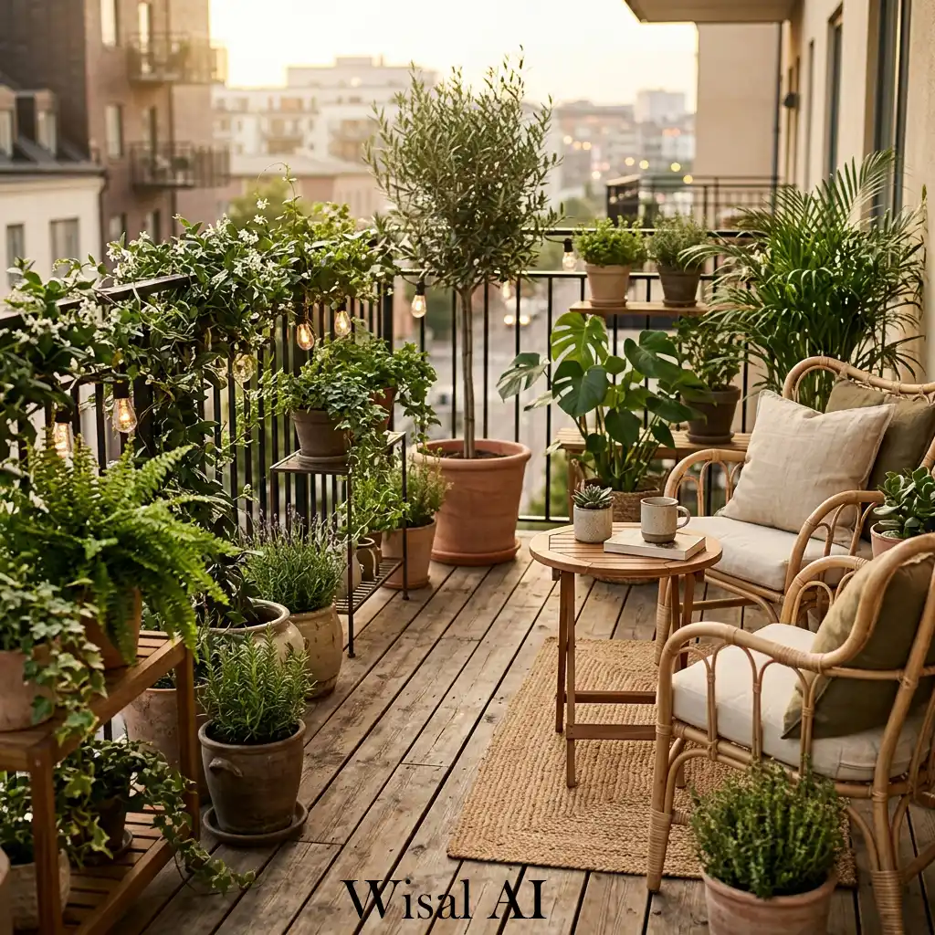 Natural wood flooring and green balcony garden design
