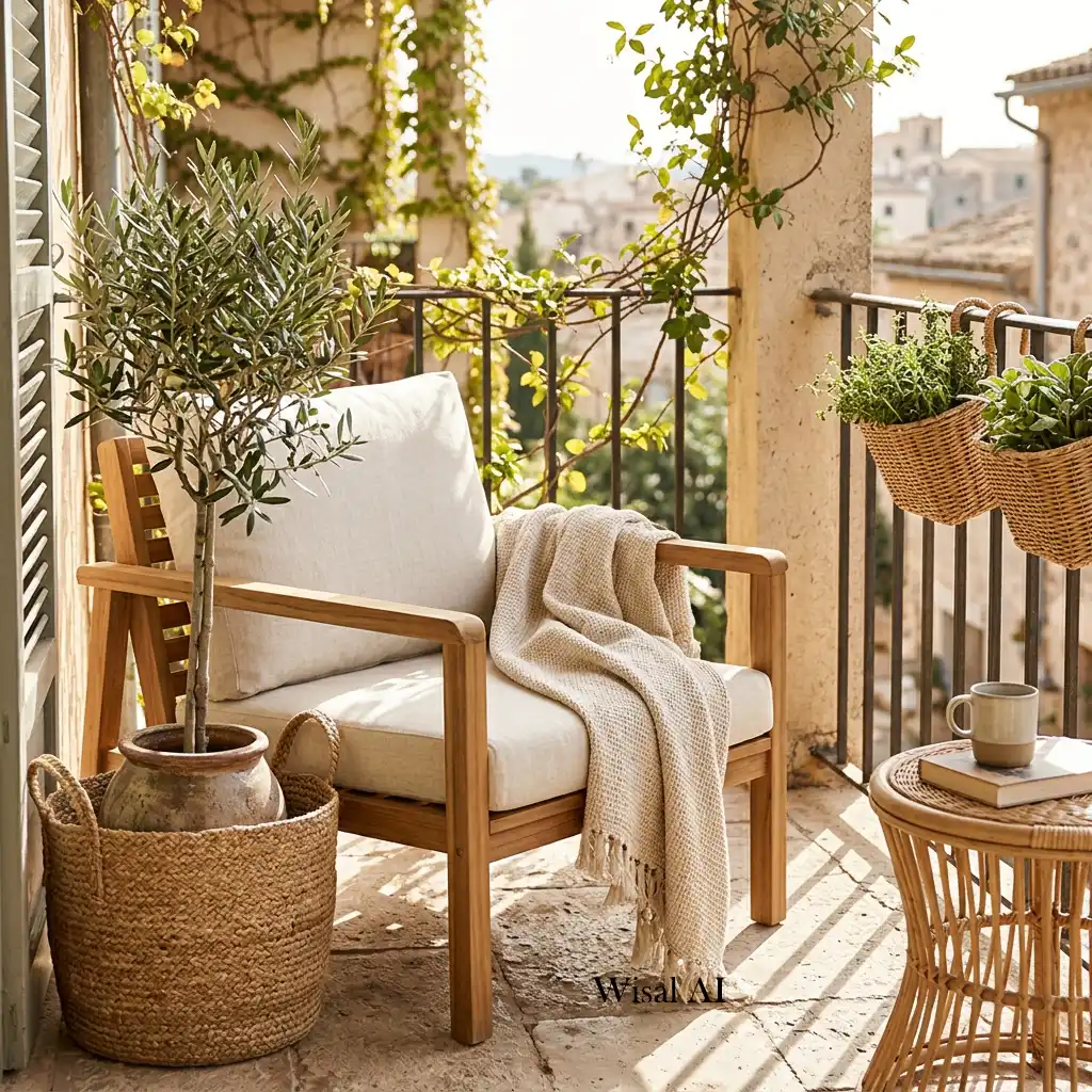 Designer balcony featuring natural wood, wicker, linen, and organic materials for timeless style.