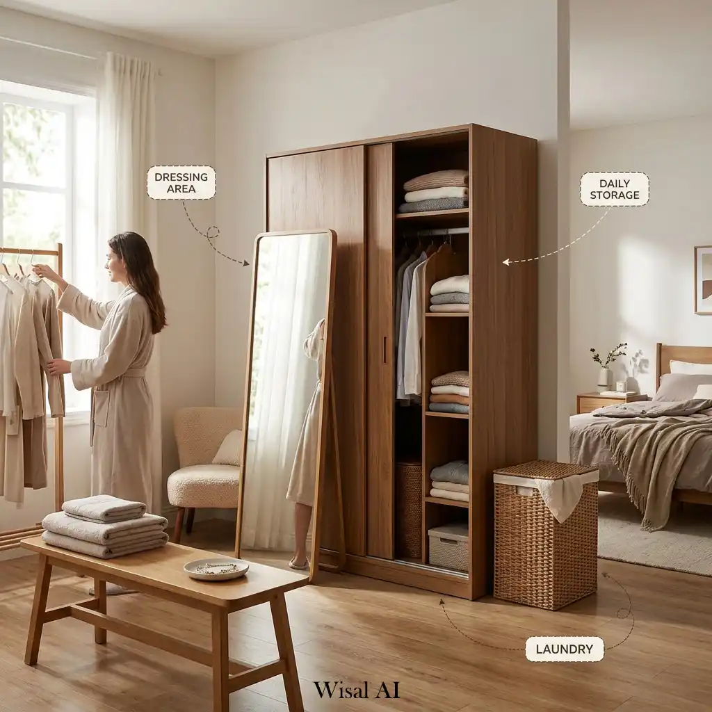 Well-organized bedroom with smart storage placed conveniently around daily routines.