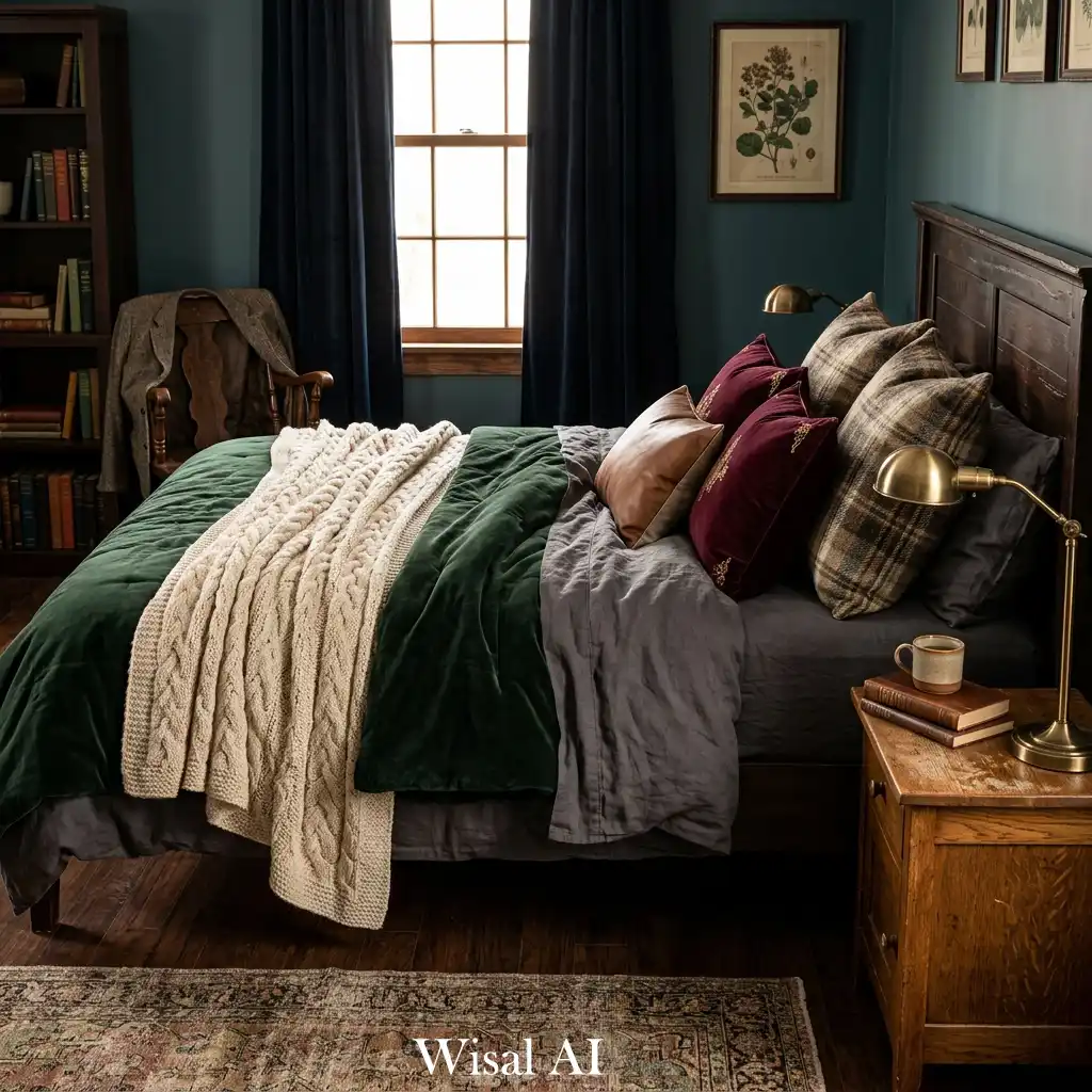 Dark academia bedroom with antique mirror and traditional wood dresser
