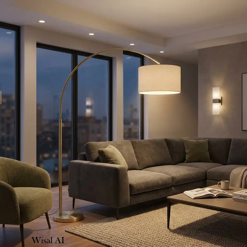 Sculptural arc floor lamp beside a sectional sofa in a modern living room.
