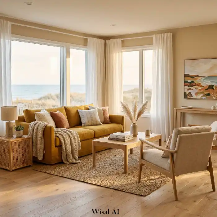 Coastal inspired living room with mustard yellow seating, light wood, and airy natural light