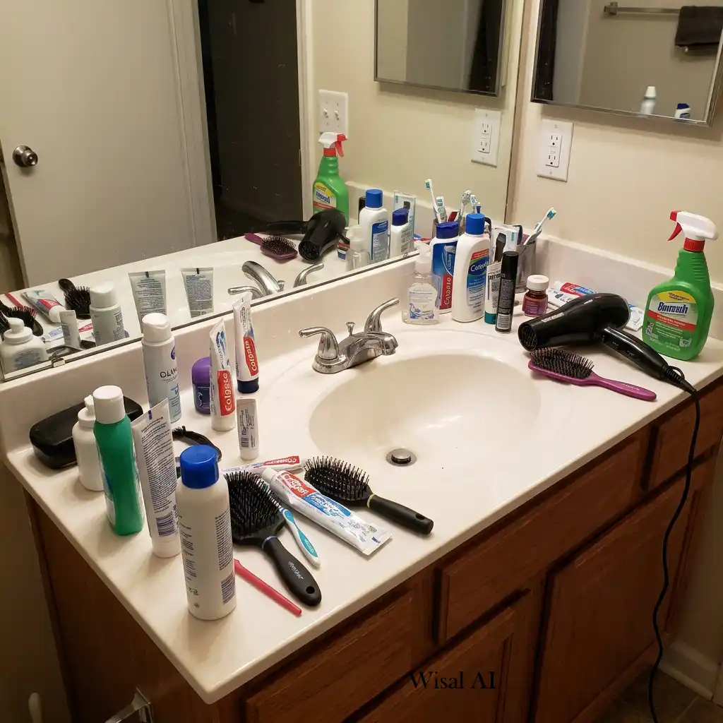 Well-organized bathroom with hidden vanity storage, built-in cabinets, and neatly arranged toiletries for a clutter-free look.