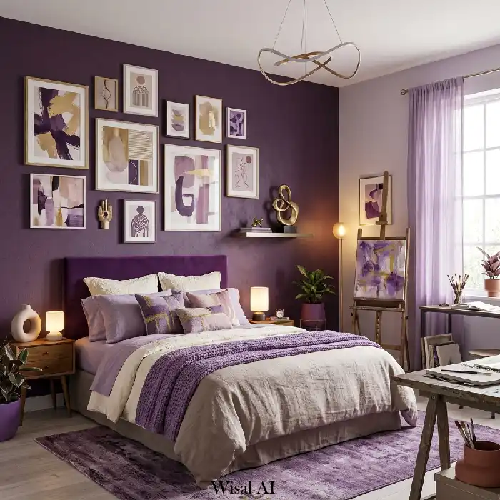Purple and cream elegant bedroom with soft lighting and neutral palette
