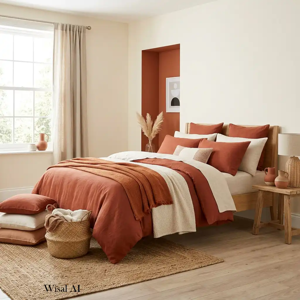 Inviting bedroom decorated with terracotta accents and soft ivory walls throughout.
