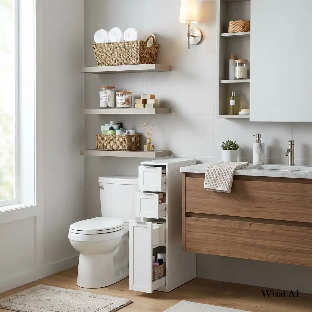 Organized bathroom featuring floating shelves providing stylish storage above the vanity area.