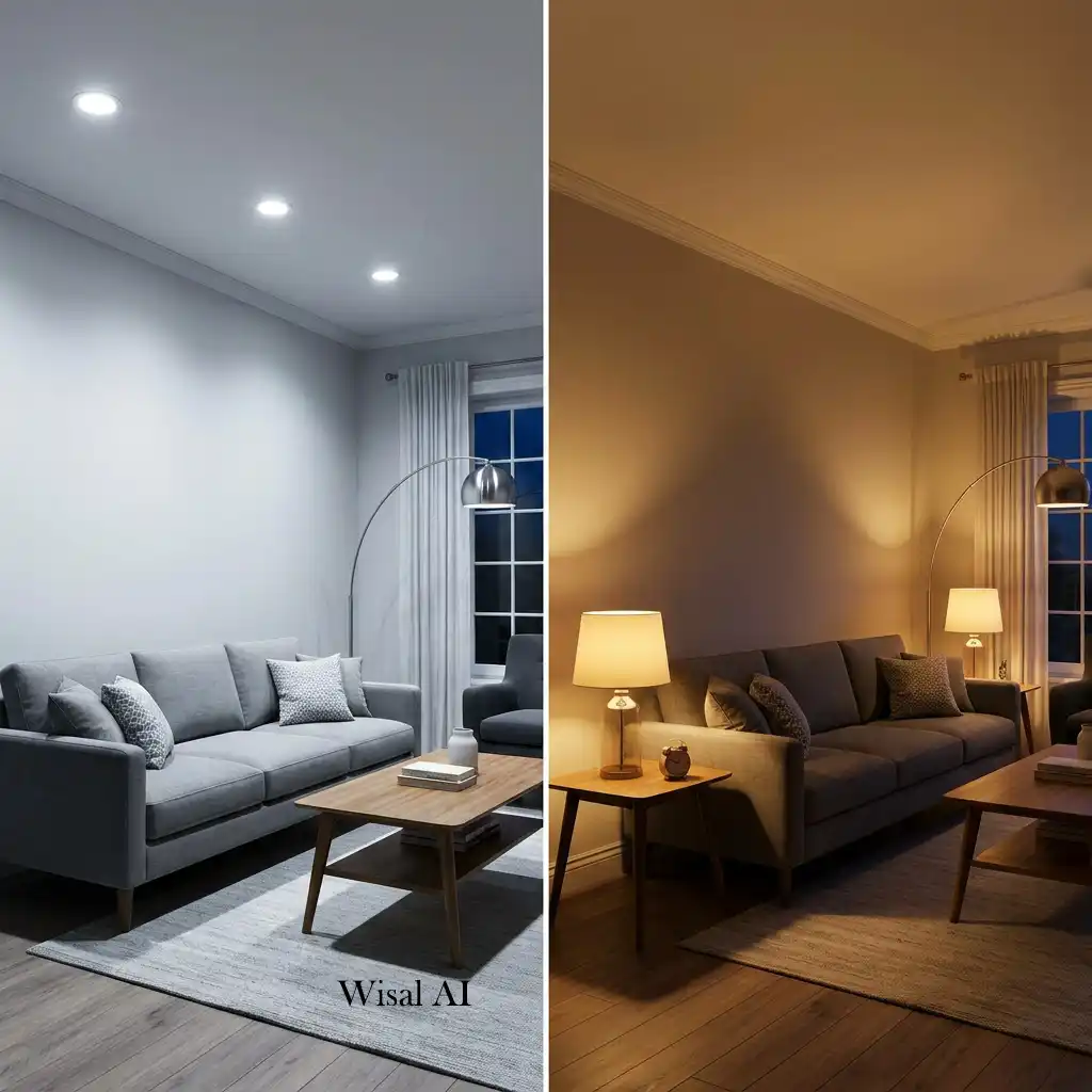 Cozy living room glowing with warm ambient lighting from table lamps and floor lamps.