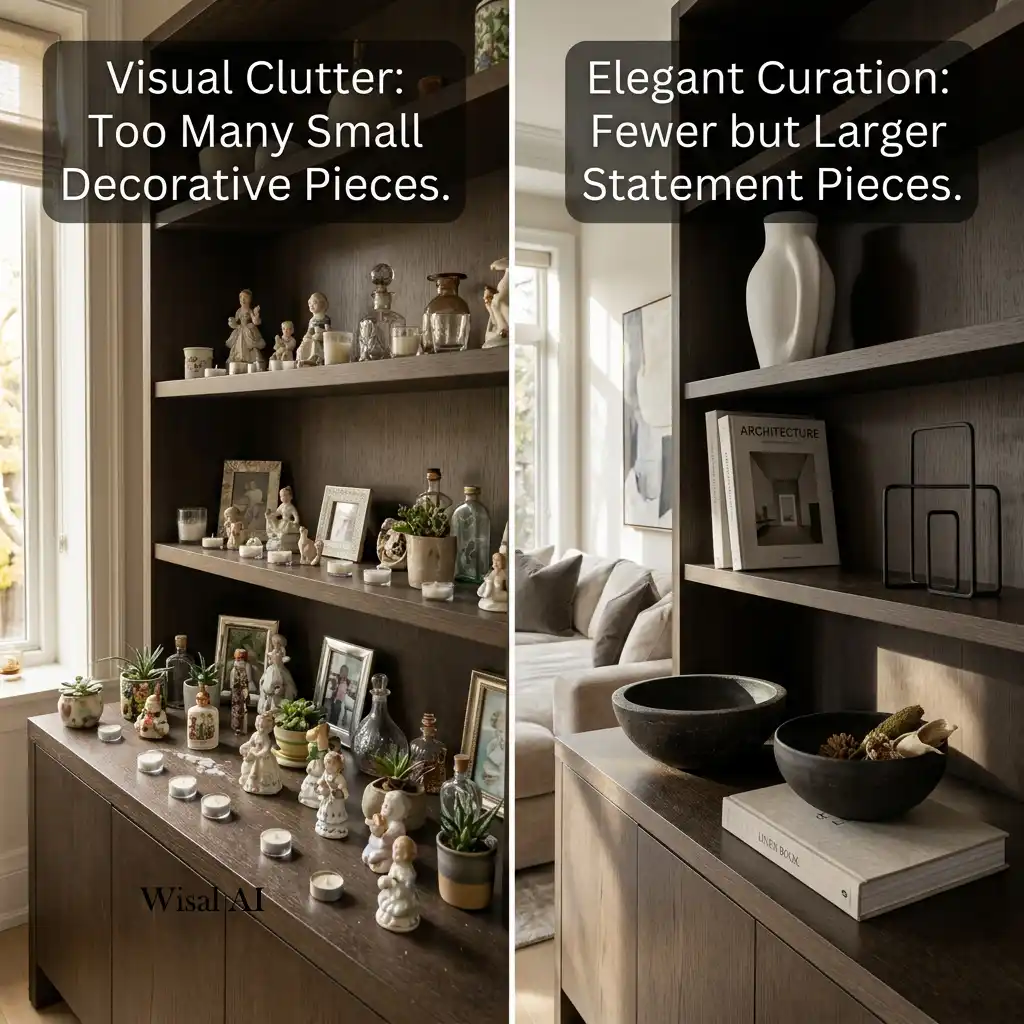Overdecorated living room filled with too many small decorative accessories everywhere.