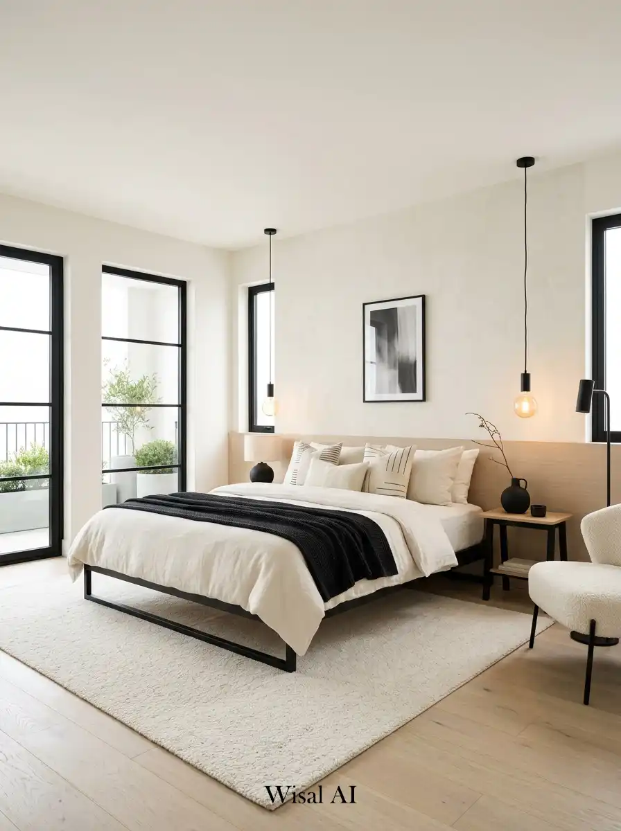 Stylish bedroom featuring black accents and cream base tones creating a bold yet minimal luxury interior design aesthetic.