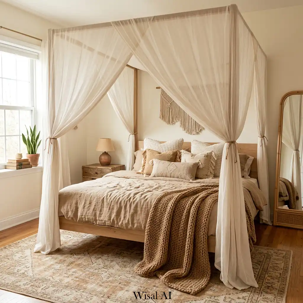 Boho canopy bedroom with flowing fabric and cozy layered textures