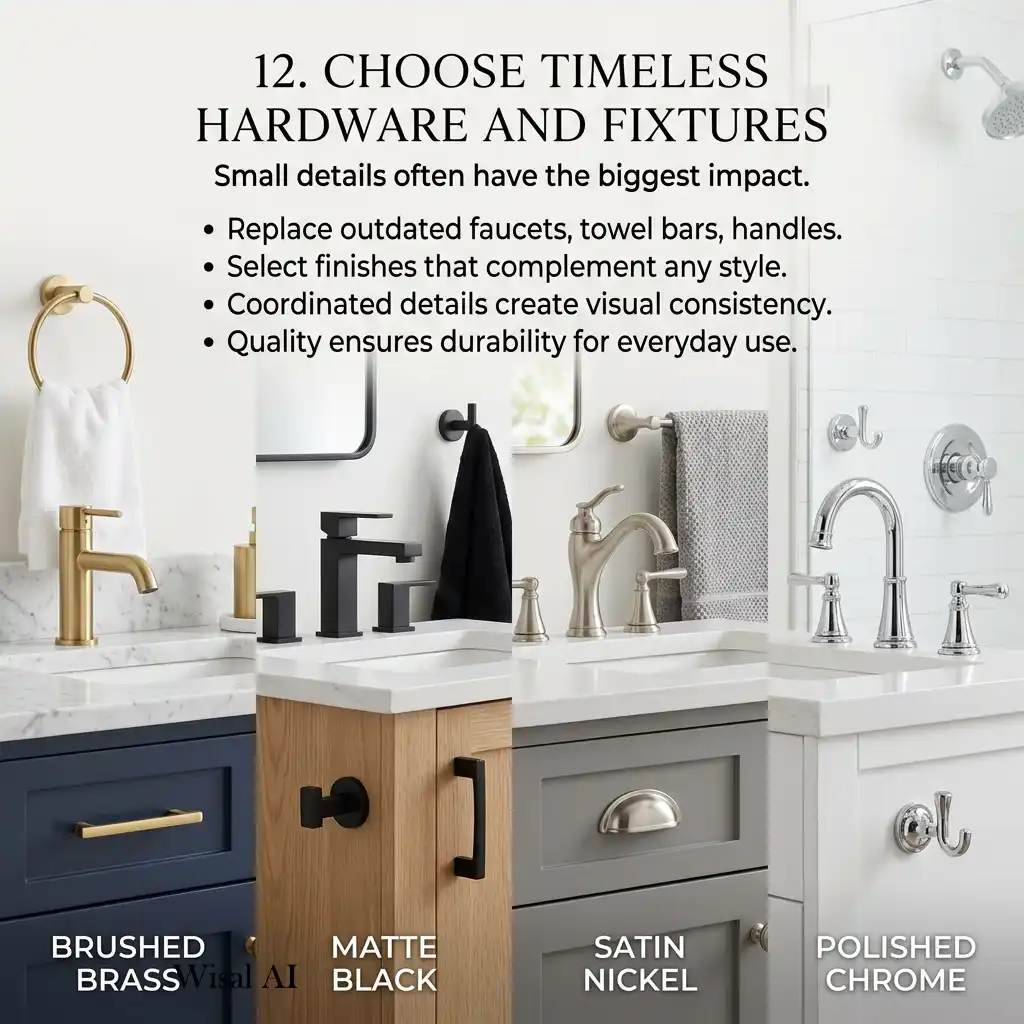 Elegant bathroom featuring brushed brass fixtures, modern faucets, matching hardware, and timeless luxury finishes.