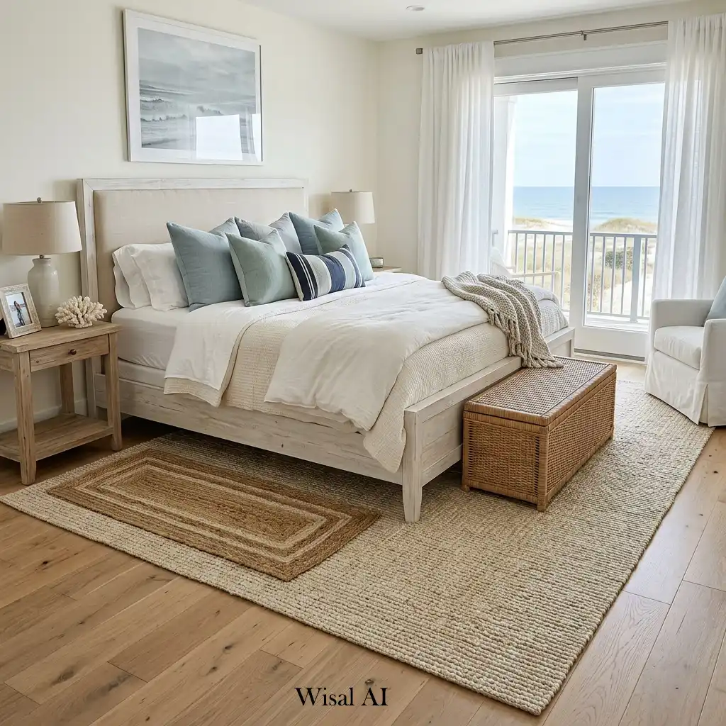 Coastal bedroom with a natural fiber rug and warm organic textures.