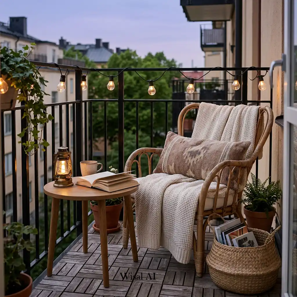 Cozy balcony reading nook with a comfortable chair, soft cushions, and a small side table.
