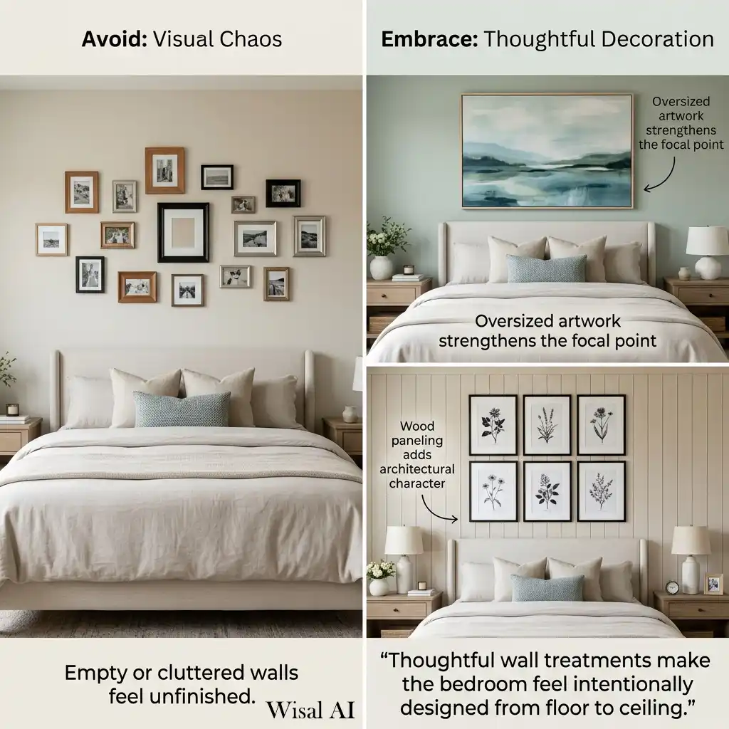 Beautiful bedroom walls decorated with oversized artwork creating a custom designer appearance.