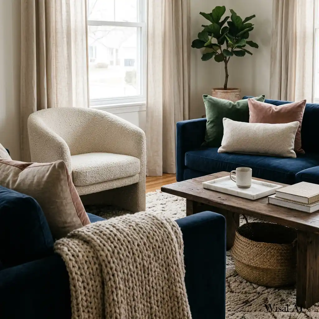 Living room lacking layered textures, making the space feel flat and lifeless.