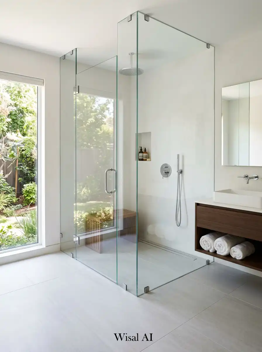 Elegant bathroom interior with frameless glass partitions seamless flooring and modern spa-inspired minimalist architectural design.