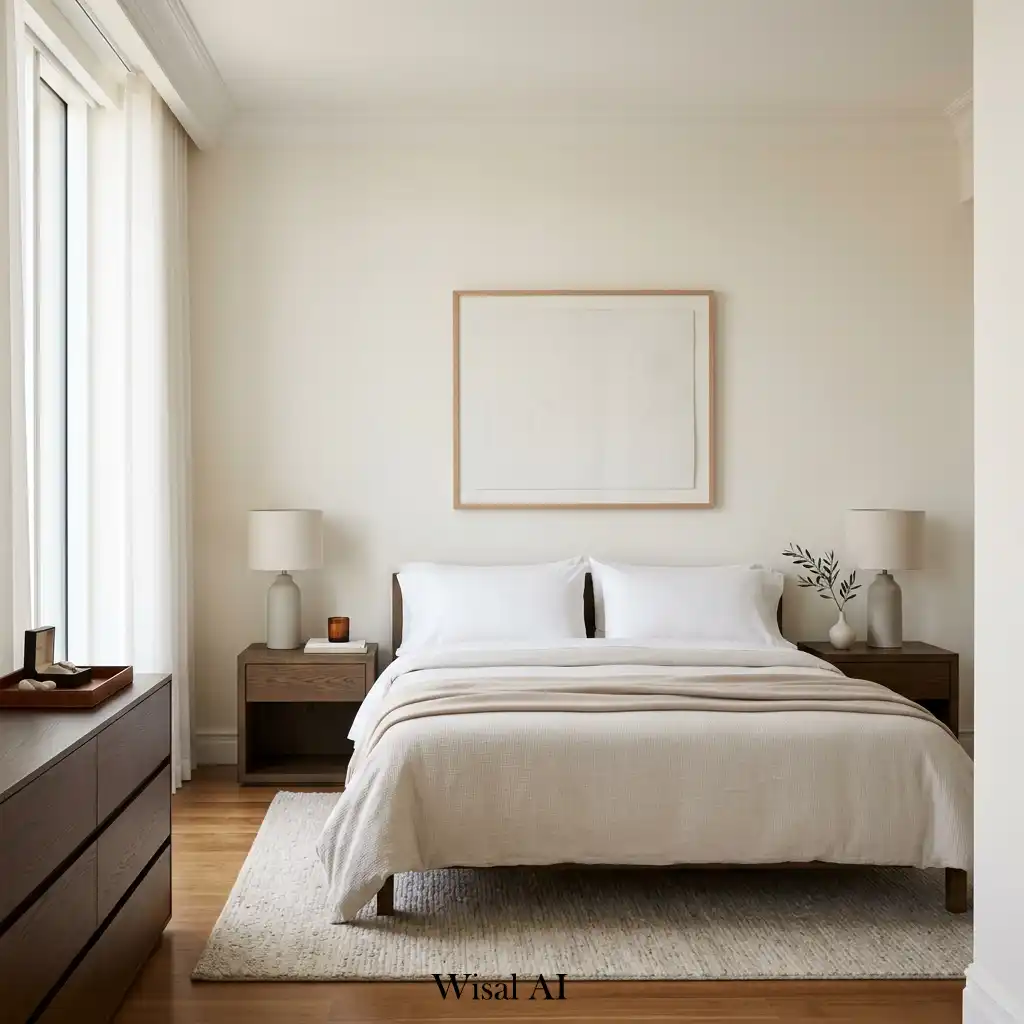 Minimalist bedroom décor with clean styling and neutral accessories.