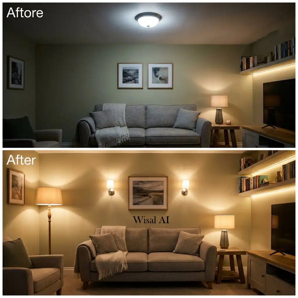 Small living room illuminated with layered lighting creating warmth and visual depth.