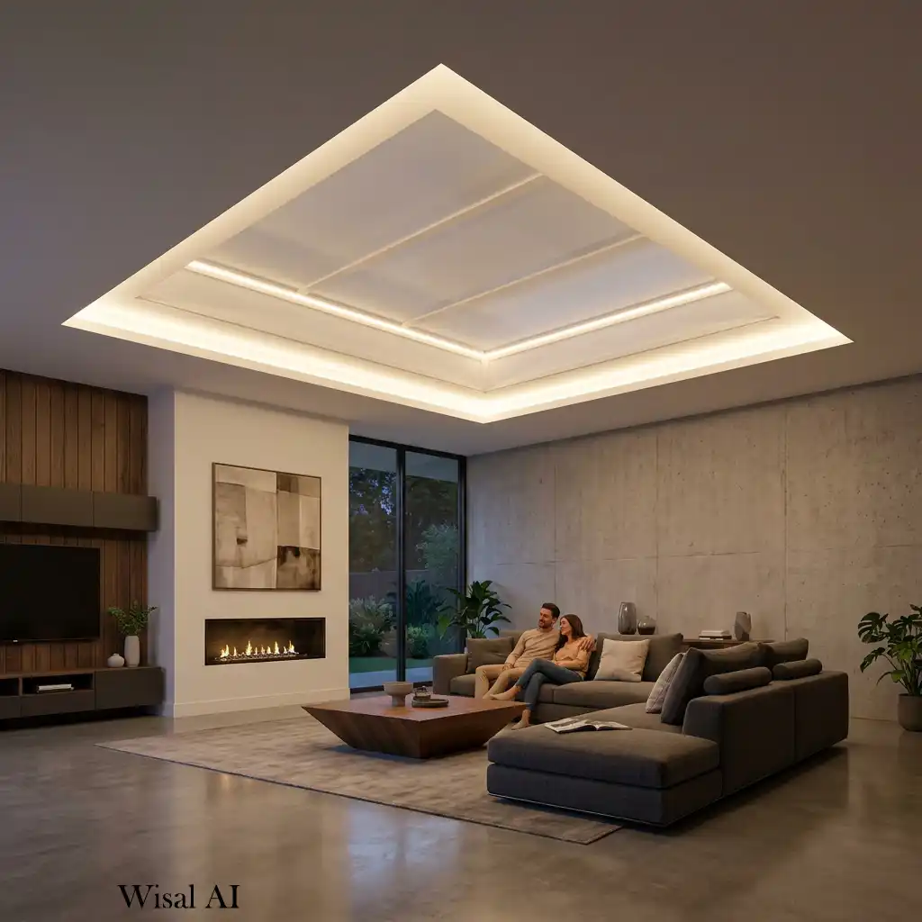 Backlit recessed ceiling panels creating soft indirect lighting in a luxury living room.