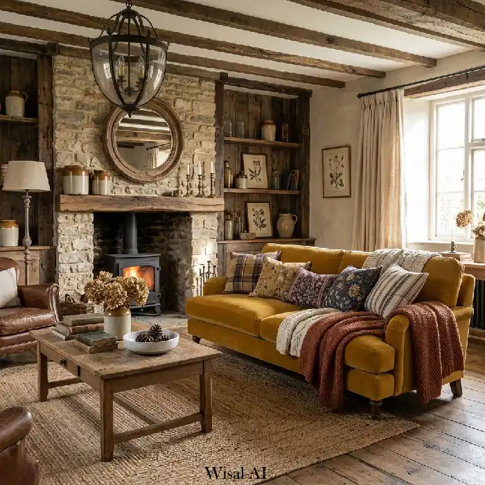 Rustic farmhouse living room with mustard yellow sofa, reclaimed wood, and vintage decor