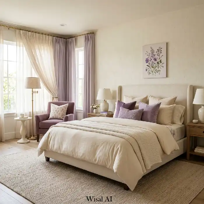 Dark plum luxury hotel style bedroom with dramatic lighting and rich textures