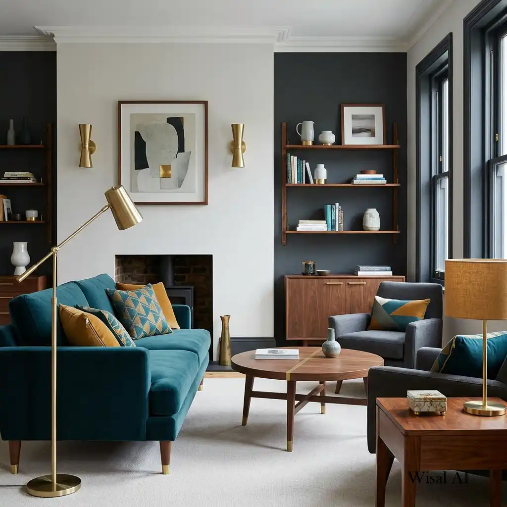 Designer living room with repeated walnut, brass, and neutral design elements.