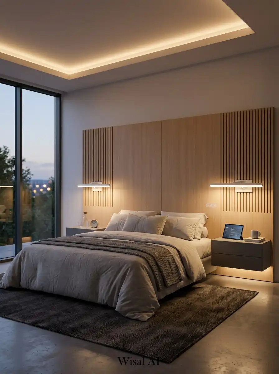 Bedroom with smart bedside lighting and adjustable warm glow.