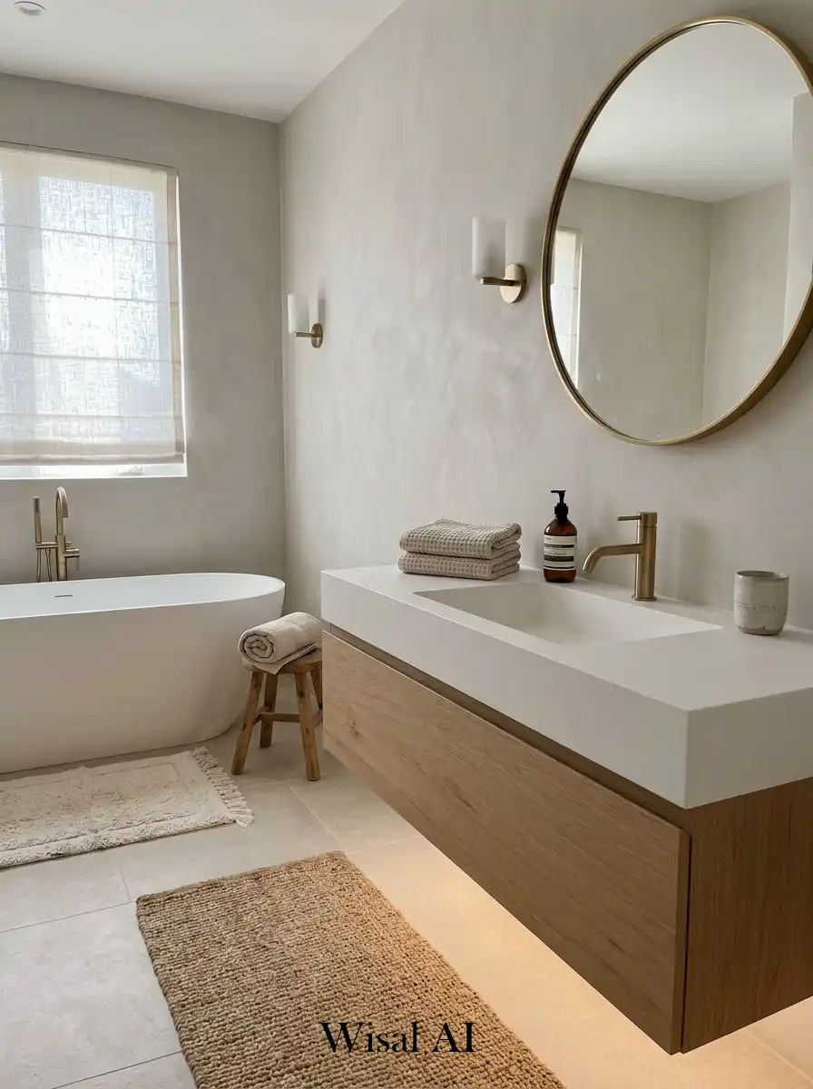 Soft spa texture bathroom with layered materials and calming neutral atmosphere