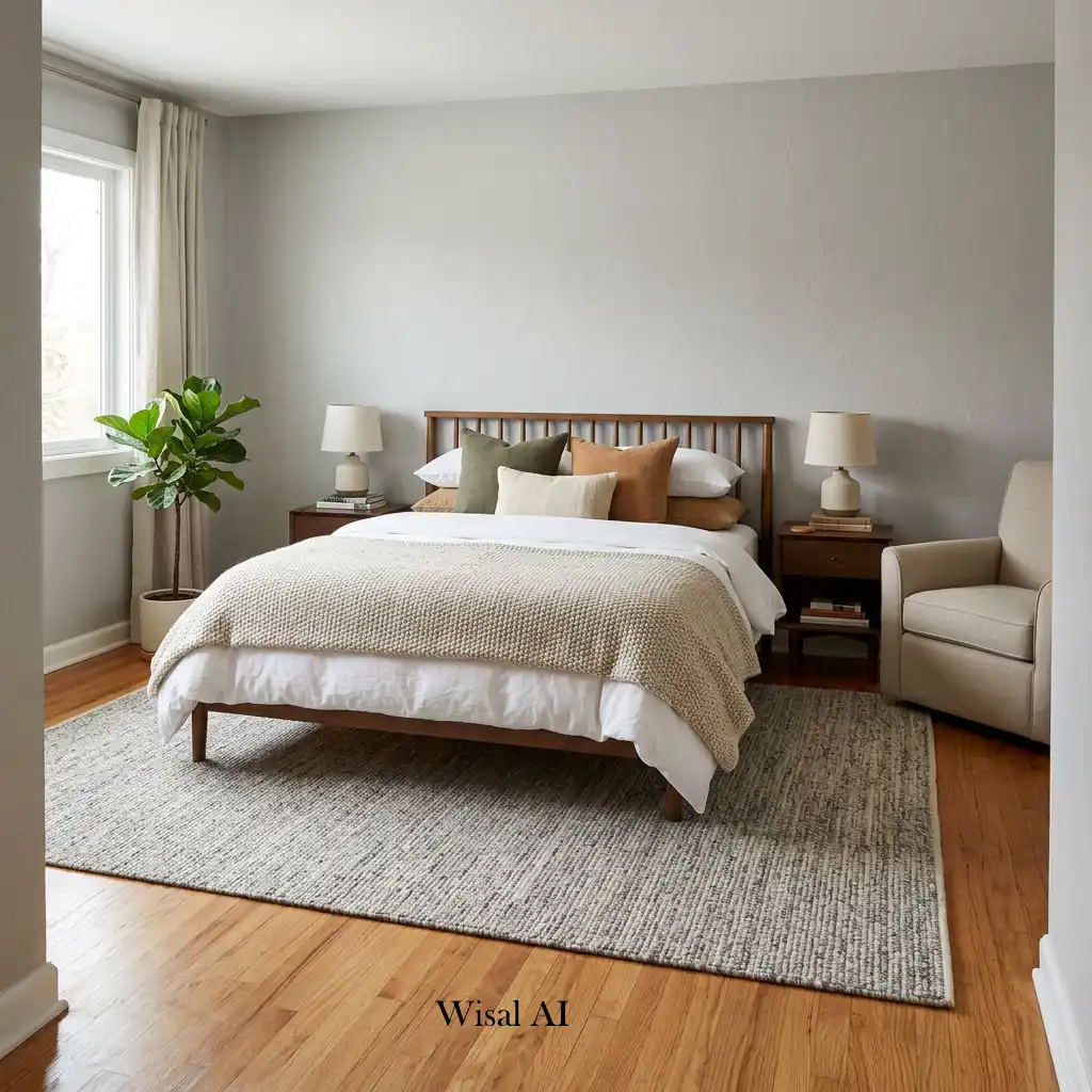 Elegant bedroom featuring a large area rug that defines the sleeping space and adds warmth.