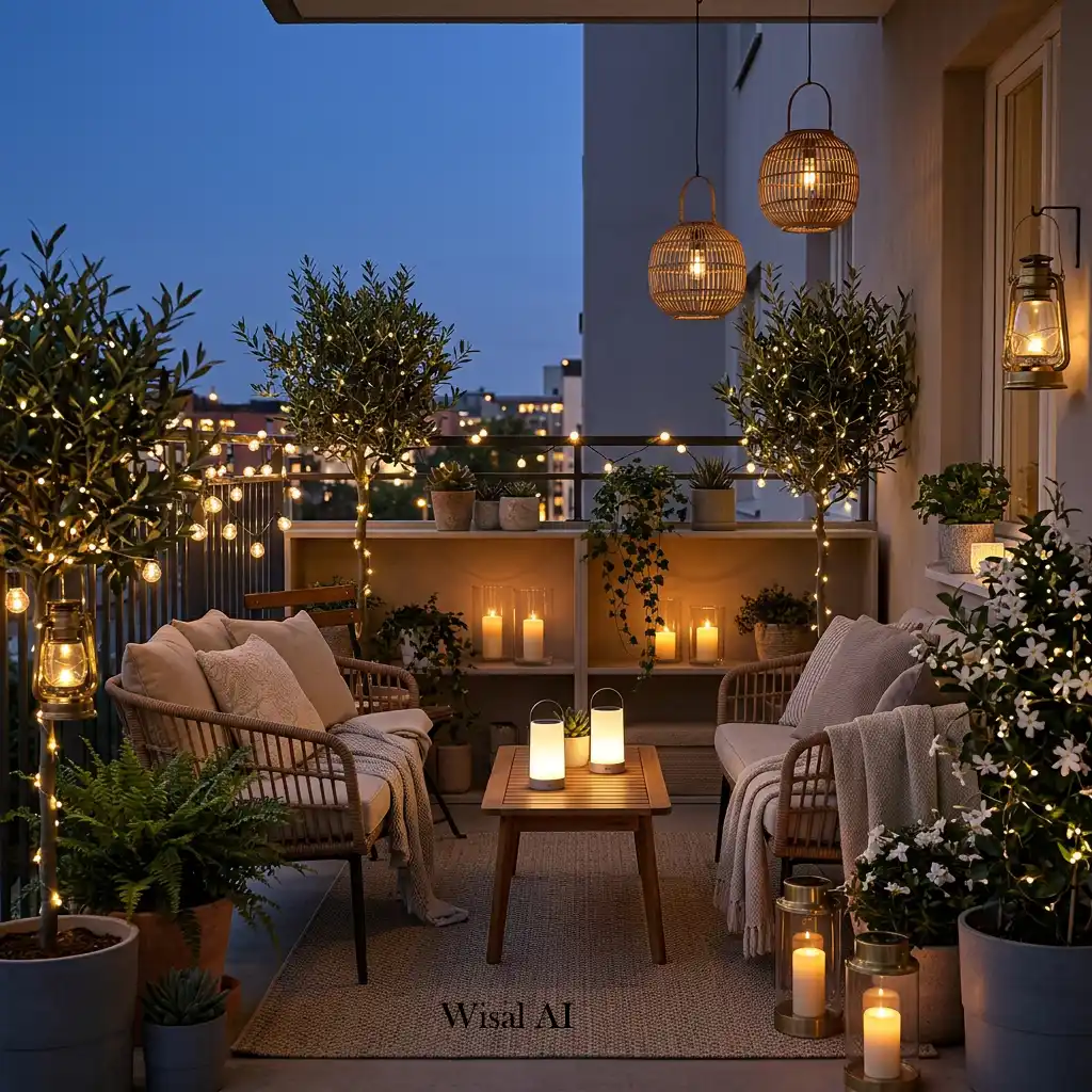 Small balcony glowing with decorative lanterns and warm ambient lighting for cozy evenings.