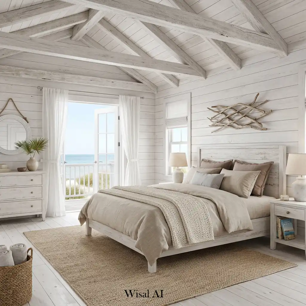 Beach house bedroom showcasing whitewashed wood furniture and details.