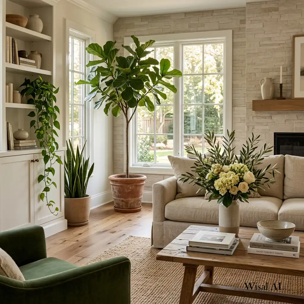 Elegant living room featuring large indoor plants and organic natural styling.
