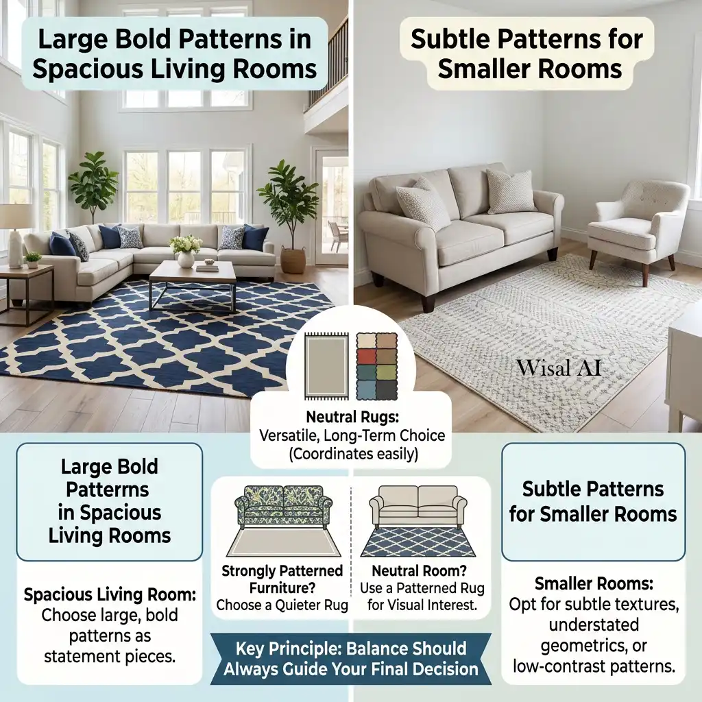 Elegant living room with a subtle patterned rug enhancing the interior without overwhelming.