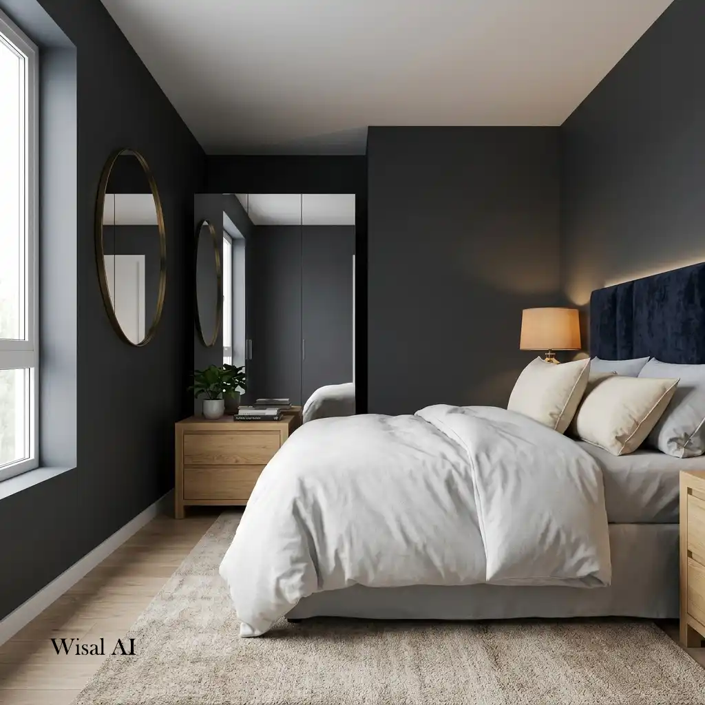 Modern bedroom balancing dark colors with warm wood and soft lighting.
