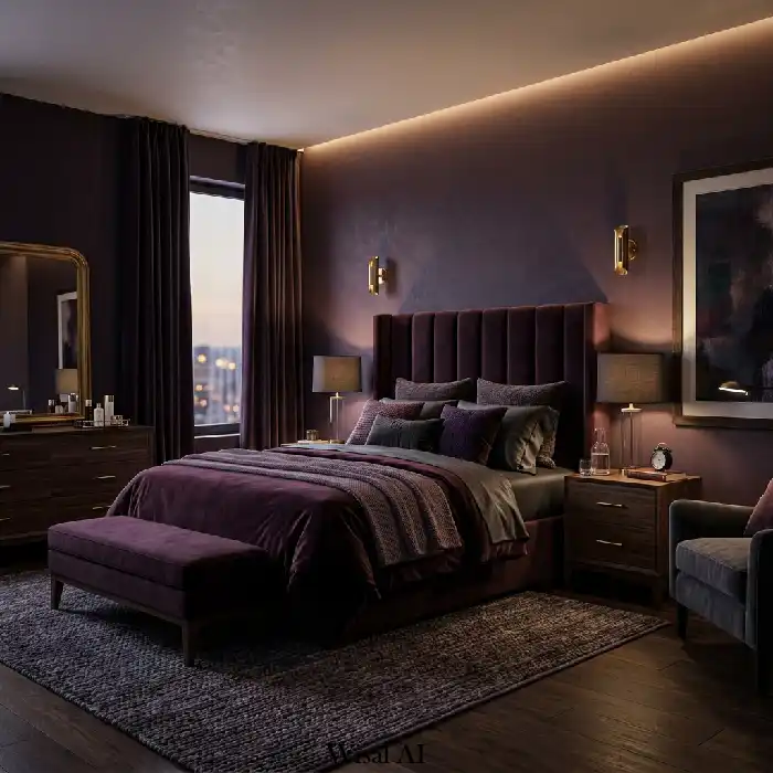 Purple and wood natural bedroom with warm organic materials and cozy atmosphere