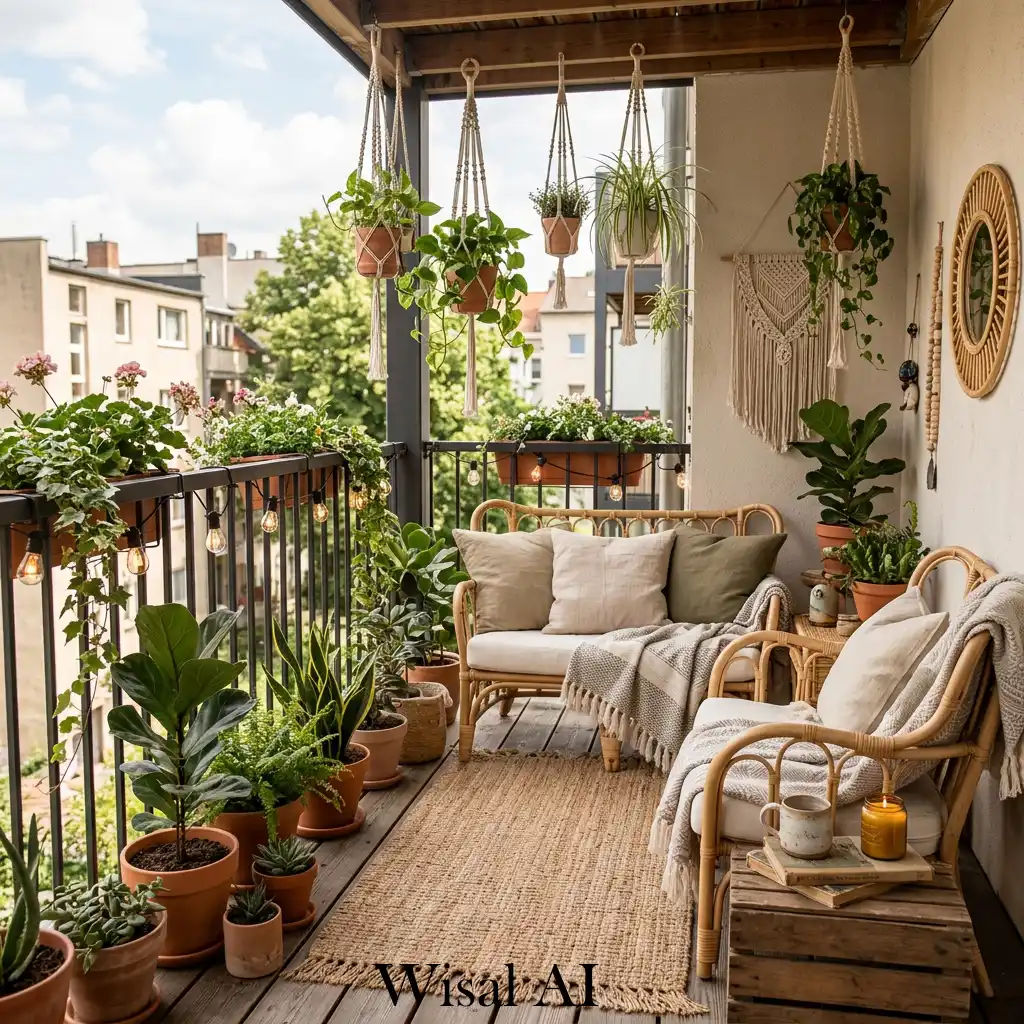 Boho-style green balcony with natural textures and plants