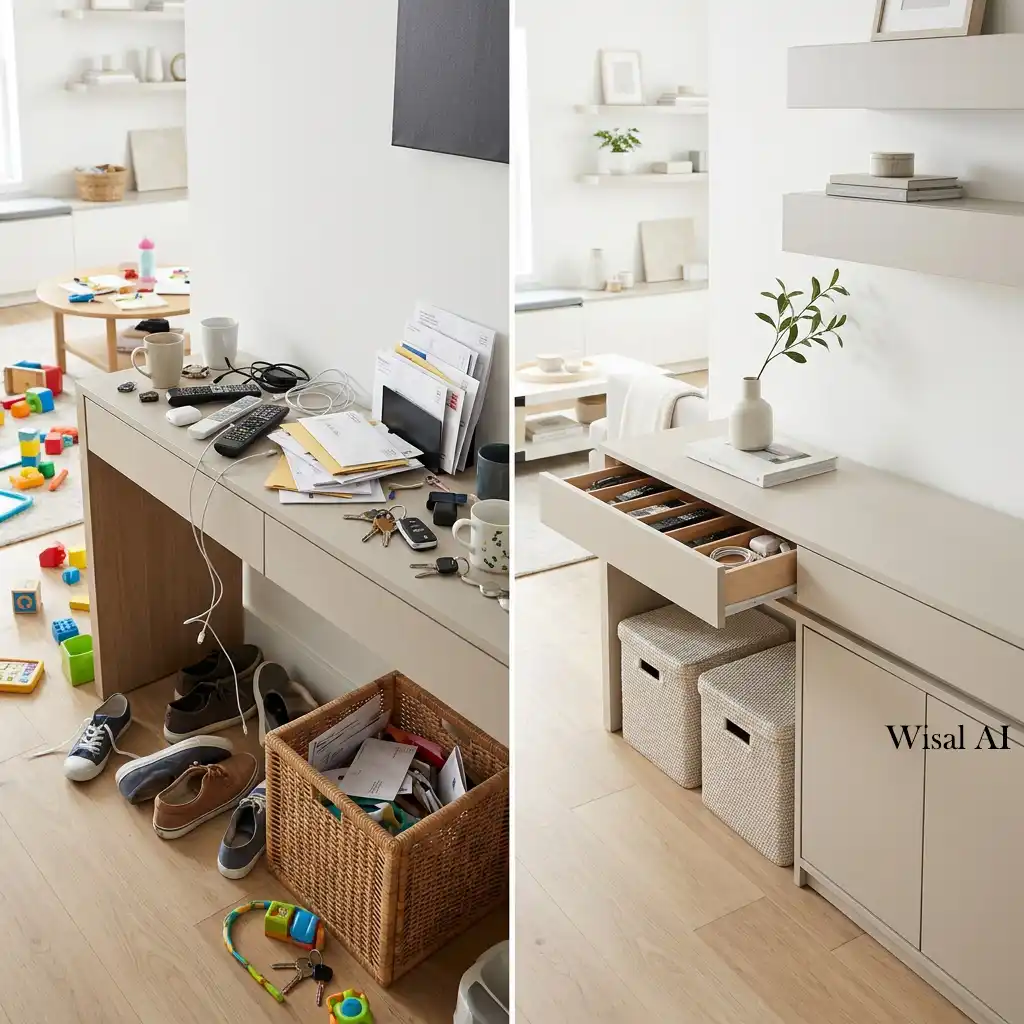 Organized home interior with hidden storage solutions keeping every surface clutter-free.