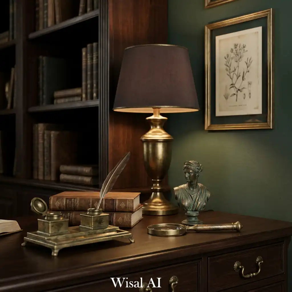Historic-inspired bedroom with vintage maps and old books collection