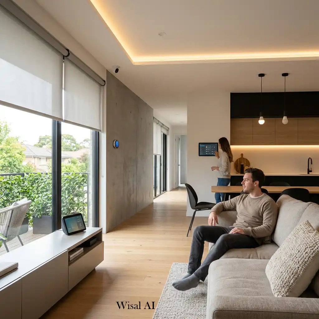 Smart living room with integrated lighting, automated blinds, and modern technology.