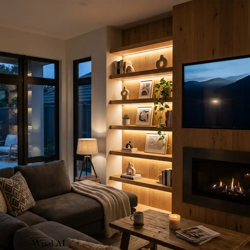 Floating shelves with integrated LED lighting highlighting decorative accessories.