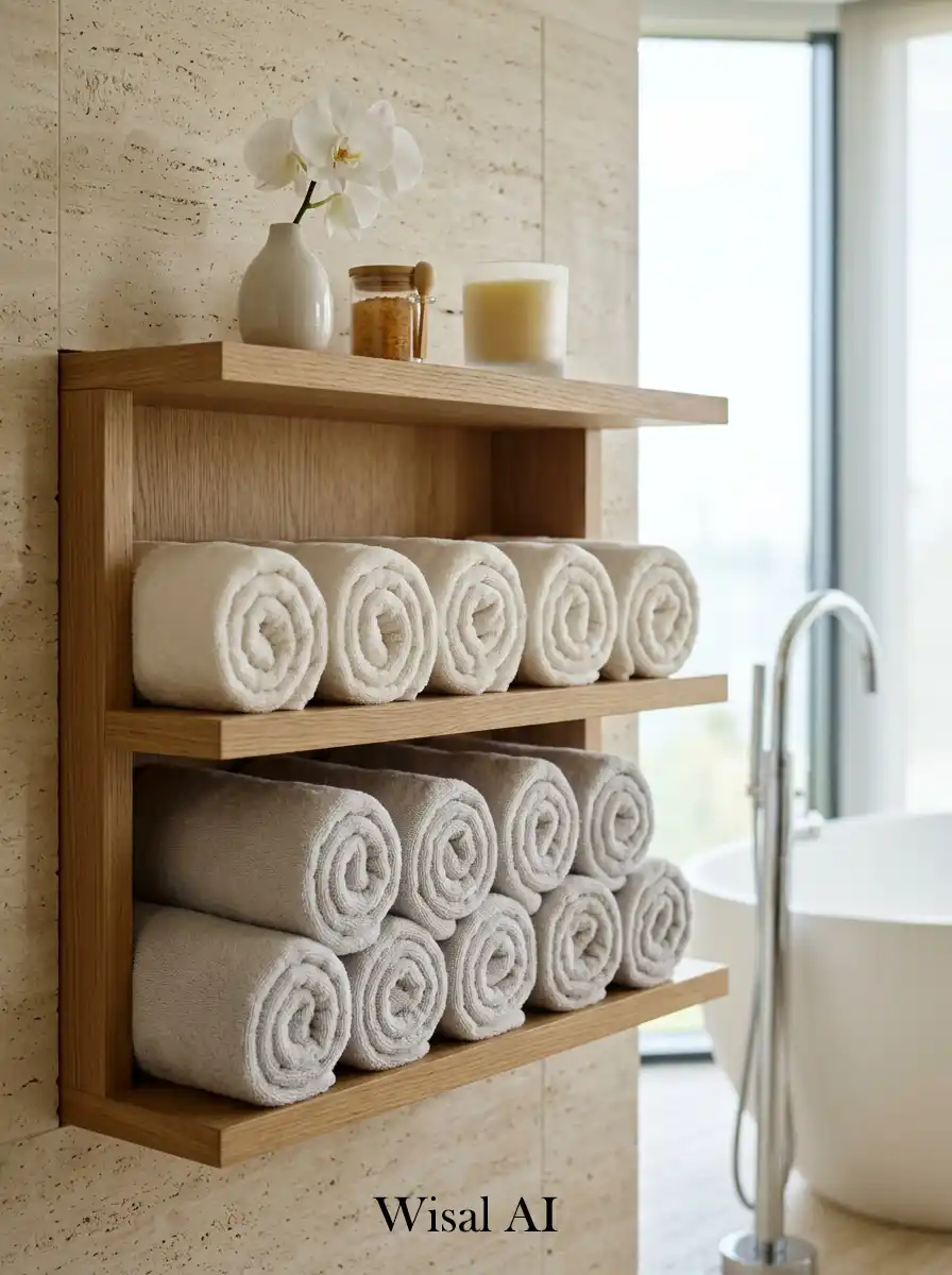 Luxury bathroom towel display styled like elegant modern boutique hotel interiors