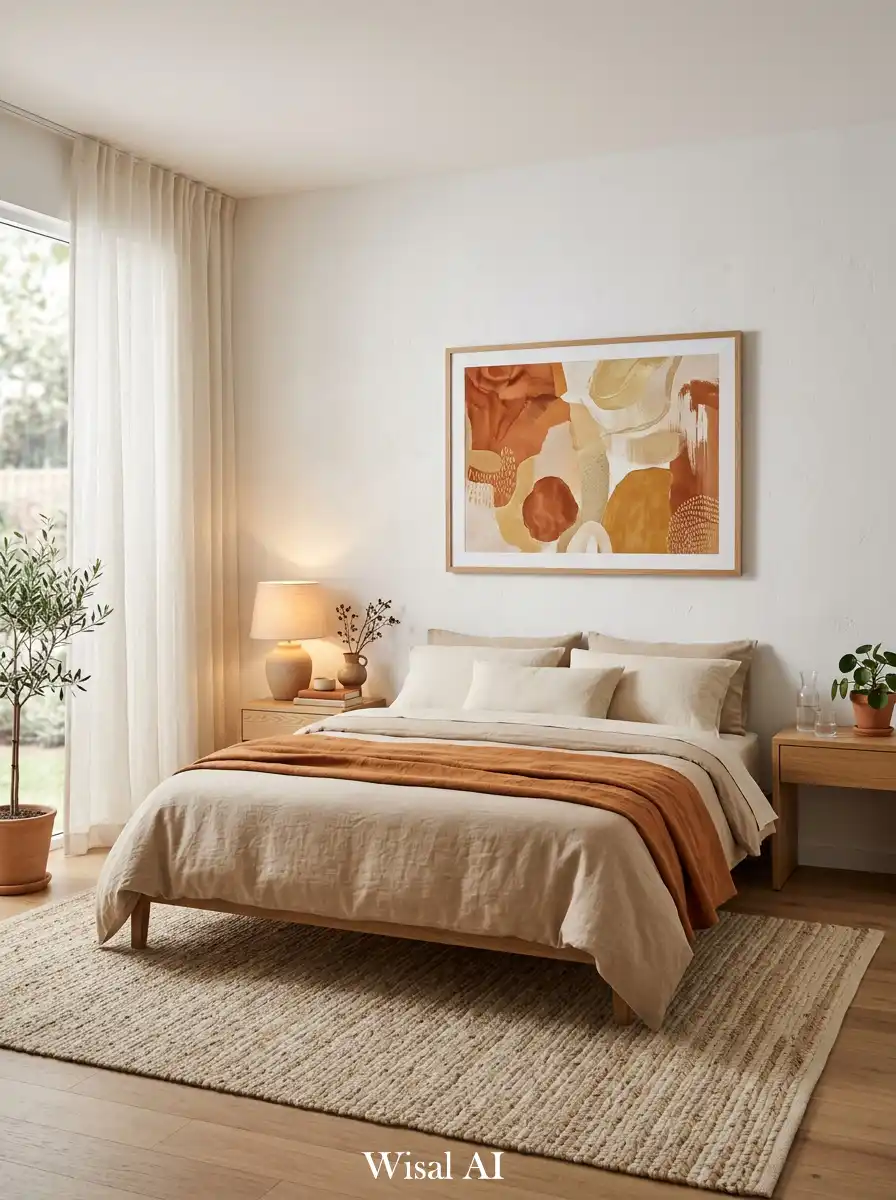 13. Minimal Bedroom with Warm Art