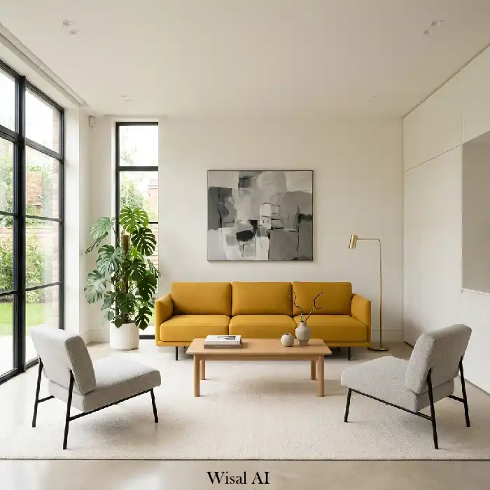 Minimal modern living room with single mustard yellow accent chair and neutral background