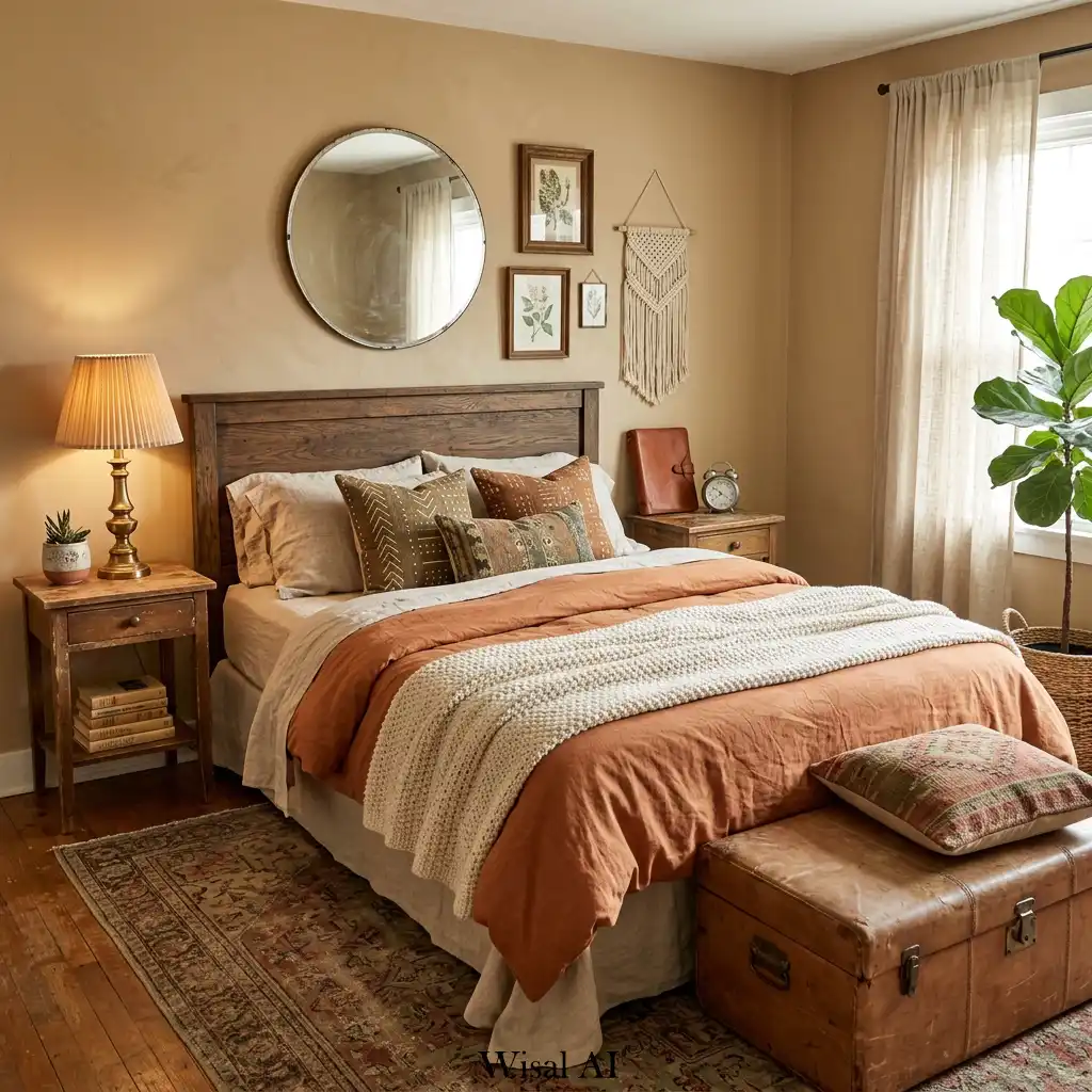 Vintage bohemian bedroom with warm tan tones and rustic furniture