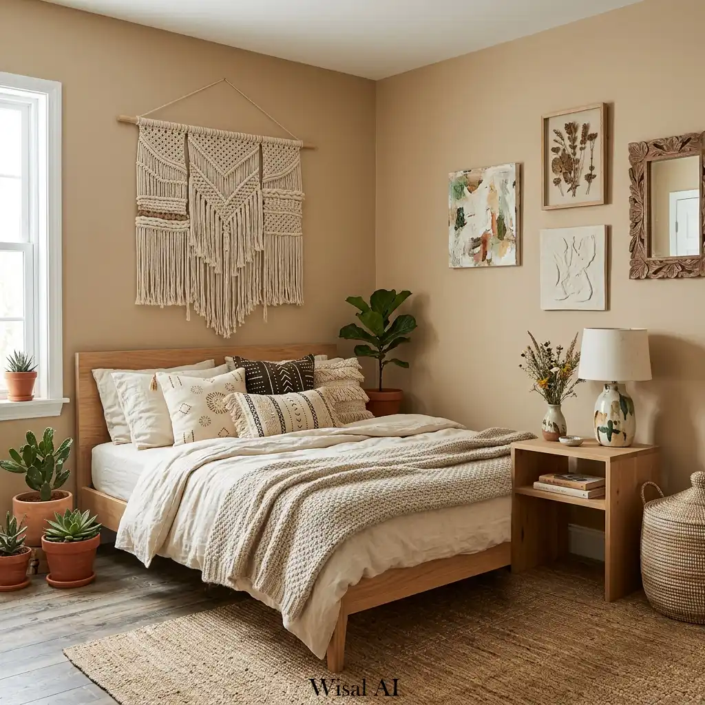 Artistic boho bedroom with handmade decor and textured wall pieces