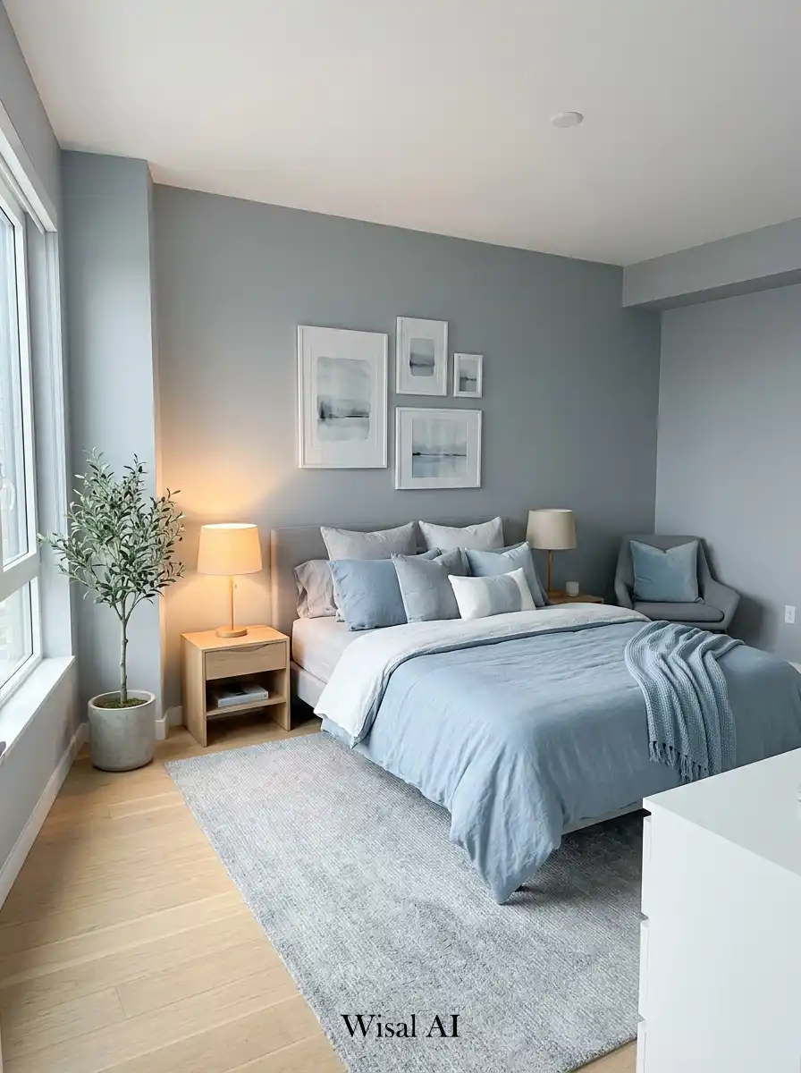 Relaxing bedroom using cool gray and soft blue tones to create a serene peaceful and modern minimalist interior design.
