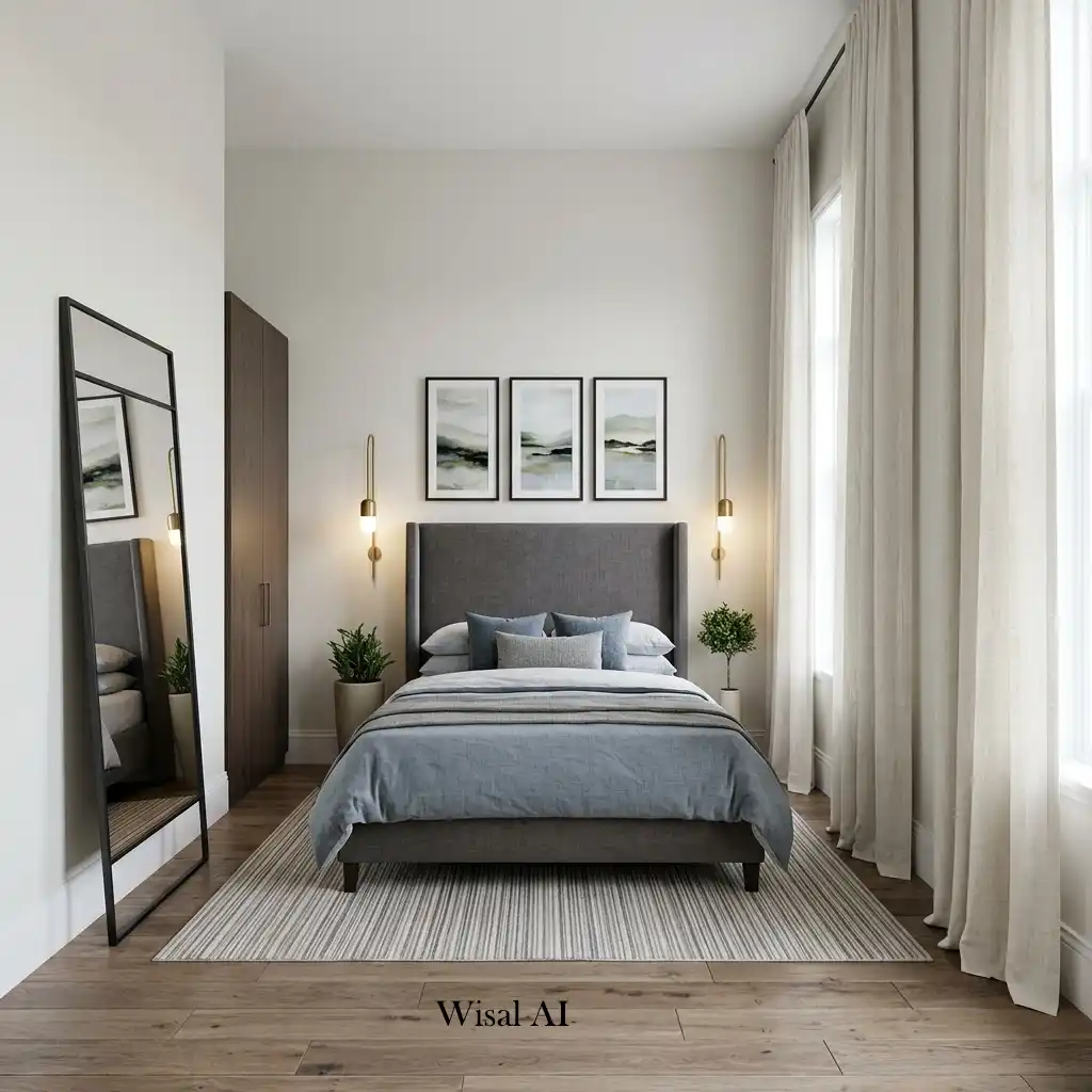 Sophisticated bedroom with floor-to-ceiling curtains, a tall upholstered headboard, and vertical design elements.
