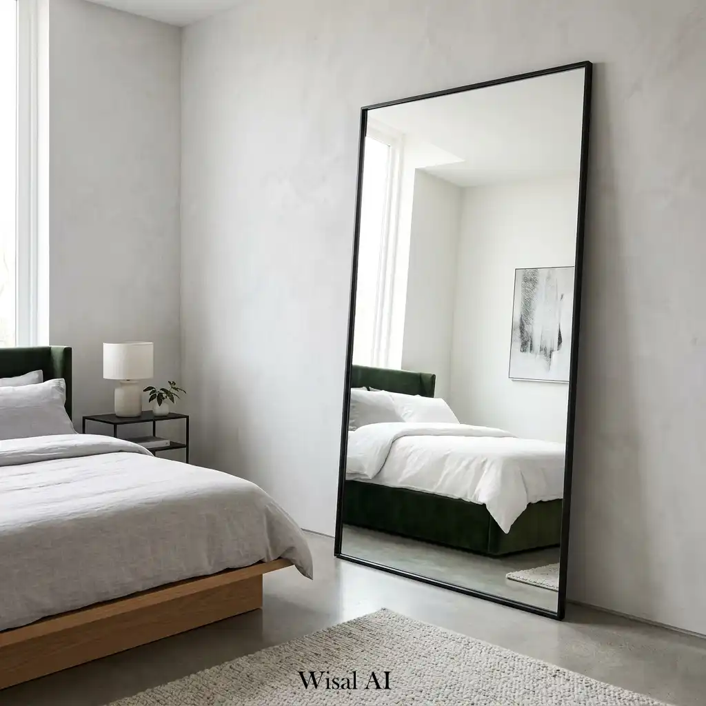 Full-length mirror reflecting natural light in a modern bedroom.