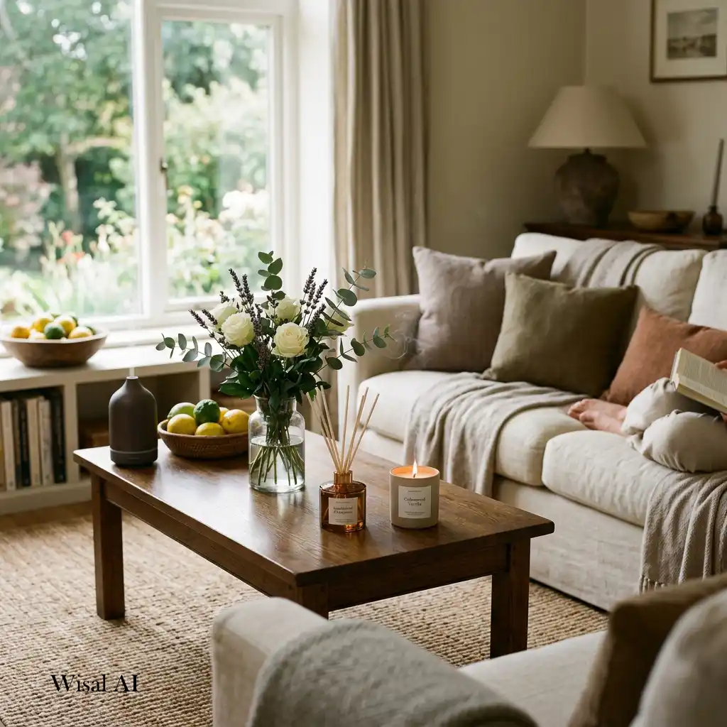 Elegant living room enhanced with candles and subtle fragrances for a relaxing atmosphere.