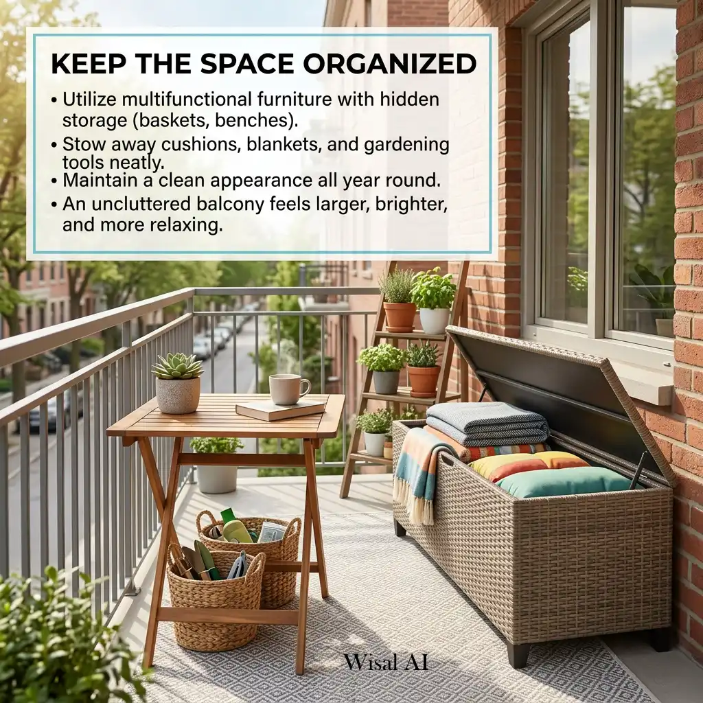 Organized balcony with hidden storage solutions keeping the outdoor space clean and clutter-free.
